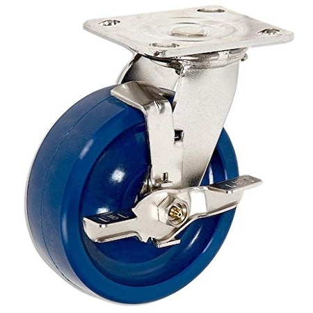 Casterhq 6" Stainless Steel Swivel Caster W/ Brake, Blue Solid Poly Wheel,  HD6760-01-PLX-TLB